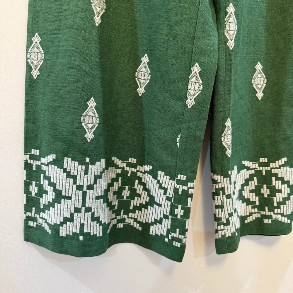 ZARA Linen embroidered green wide leg cropped Coolots